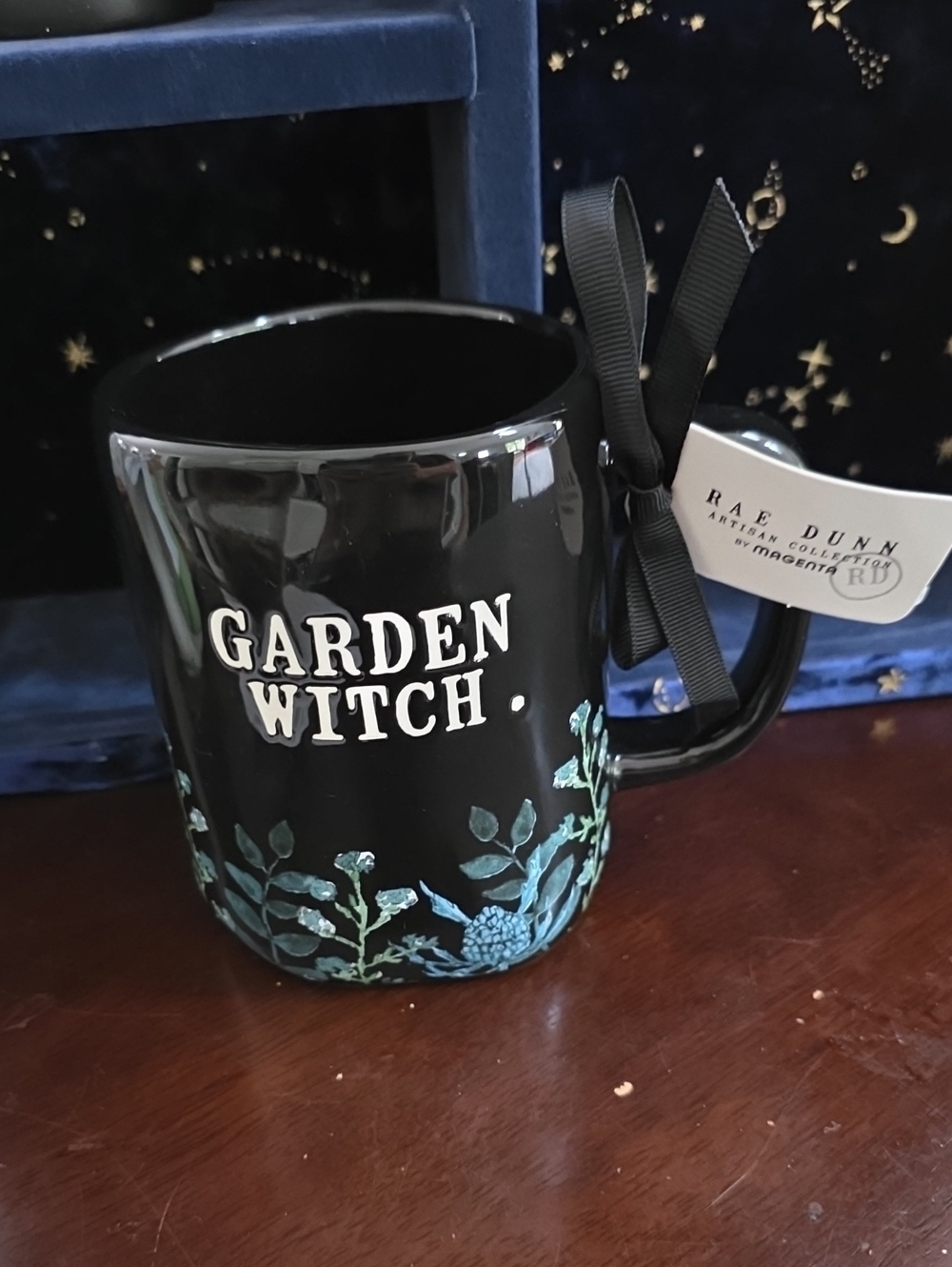 Rae Dunn Black Mug with Teal Botanical Accents - "Garden Witch"